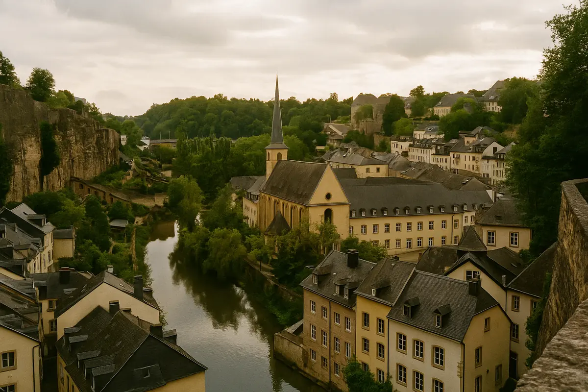 Vieux quartier en contrebas de remparts, maisons en pierre au bord d'une rivière