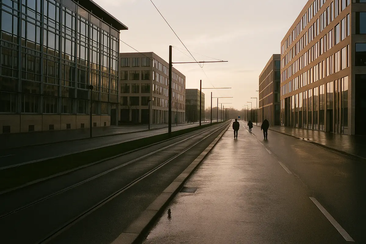 Rue d'un quartier de bureaux au petit matin, chaussée mouillée et voie de tram
